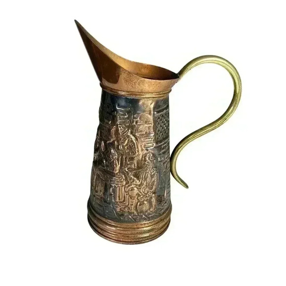 Vintage Embossed BRASS Copper Decorative Pitcher - Picture 14 of 15